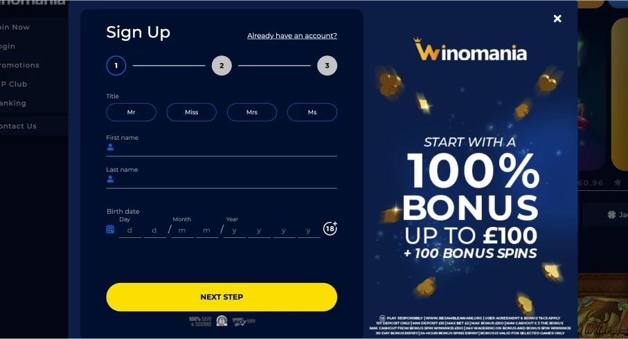 Winomania Casino sign-up form with 100% bonus up to £100 + 100 spins